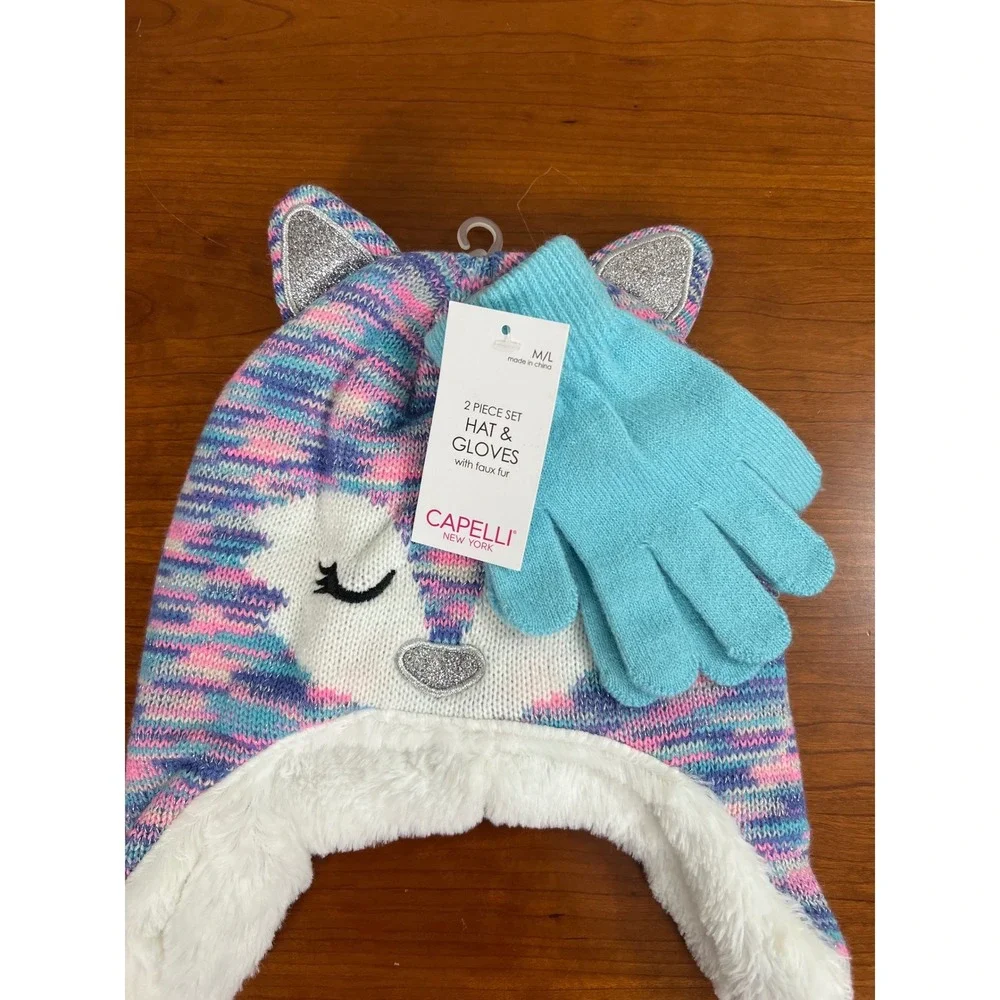 Capelli New York Girls Fox Hat and Gloves Set Pink Blue Faux Fur M/L GK-62072
